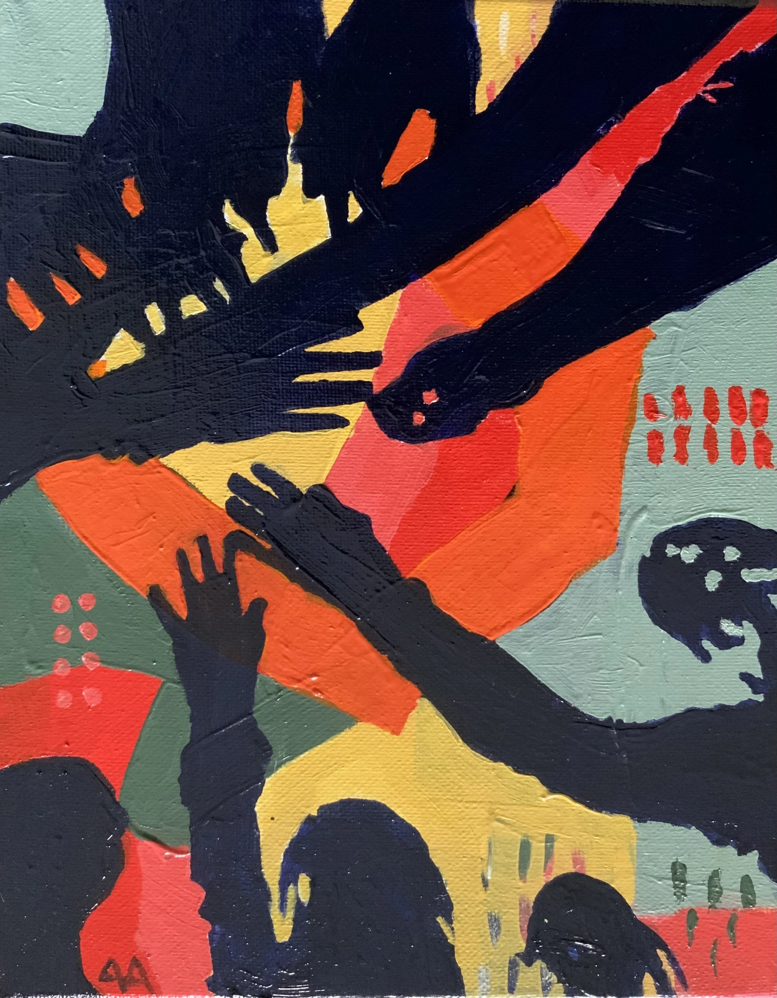 An abstract painting with bold black shapes and splashes of red, yellow, and orange on a muted green background.