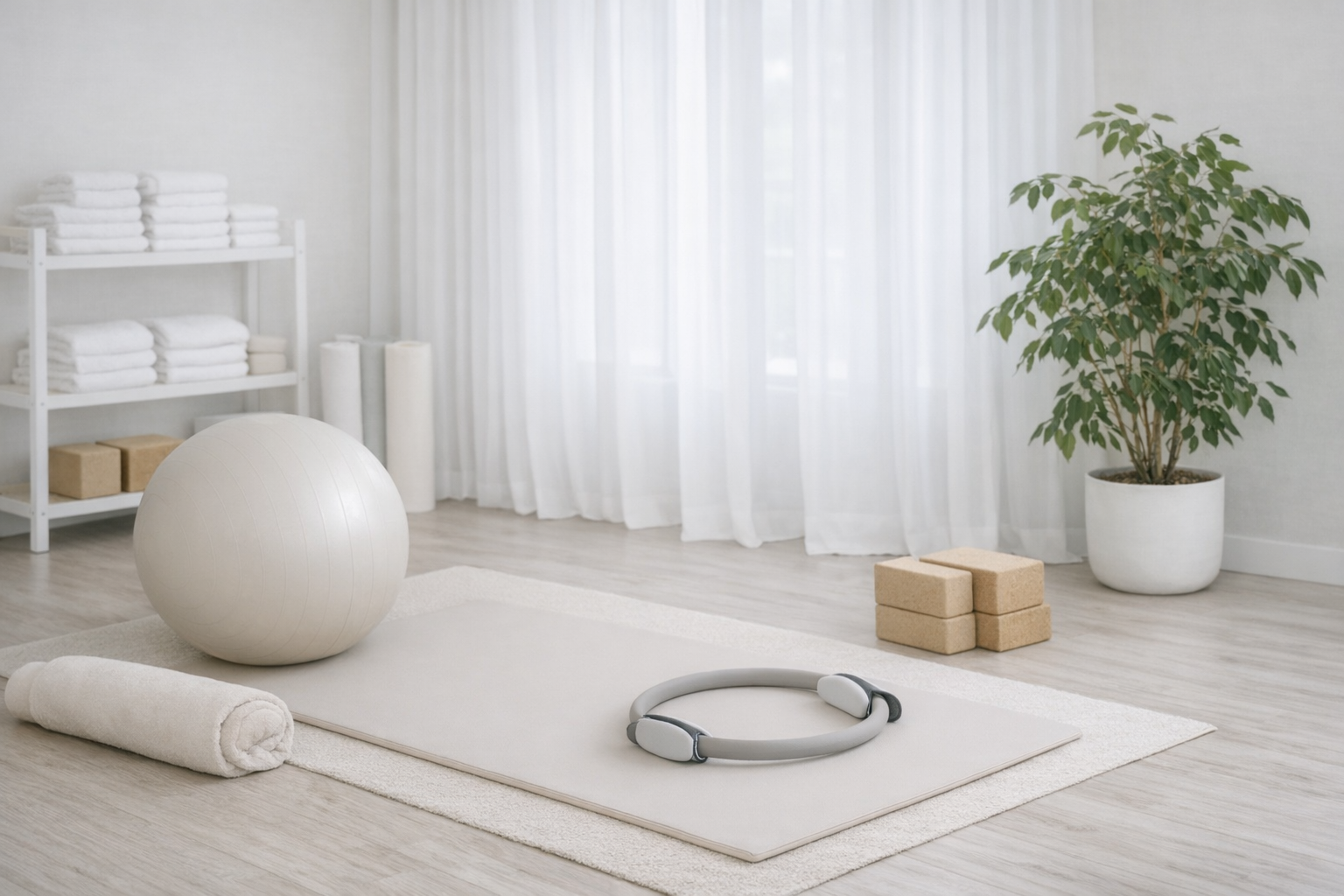 Spazio Pilates Matwork con attrezzi come ring, elastici e piccoli strumenti per esercizi funzionali a Udine