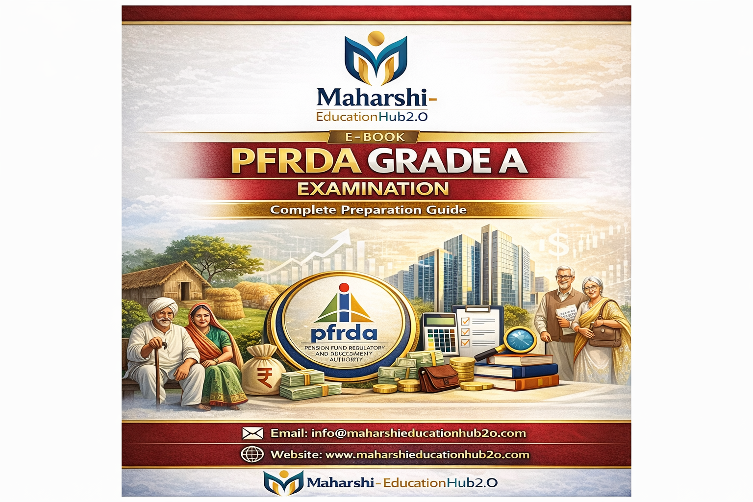 Cover of Maharshi PFRDA Grade A Examination preparation guide, featuring the PFRDA logo, elderly people, financial symbols, and modern cityscape.