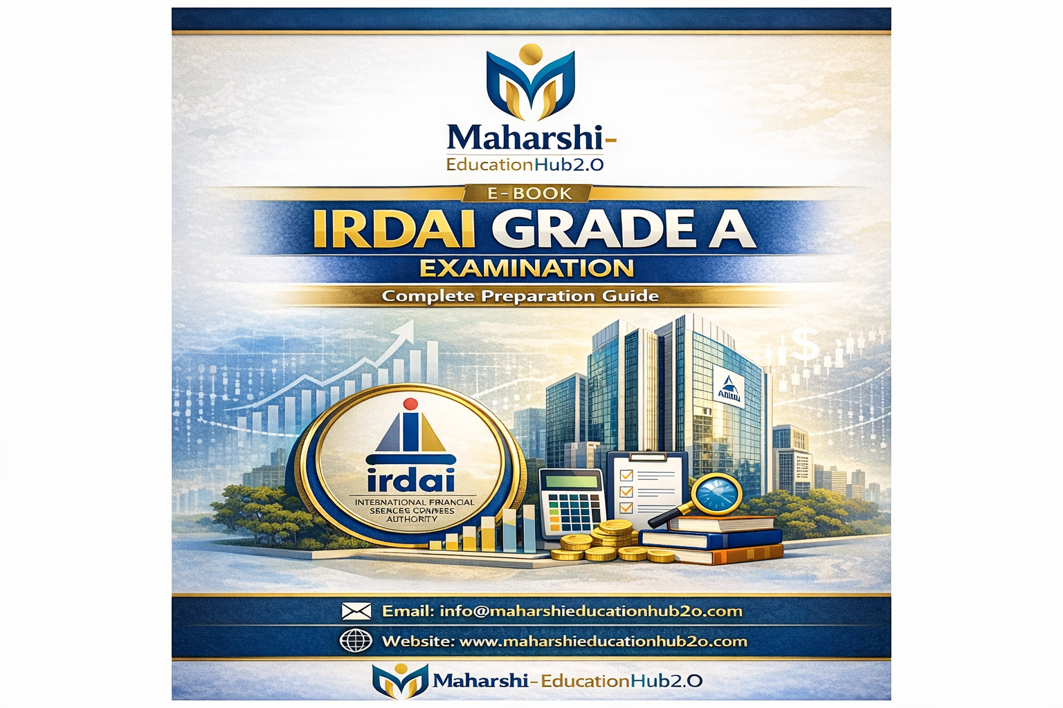 A book cover titled 'IRDAI Grade A Examination Complete Preparation Guide' by Maharshi Education Hub 2.0, featuring a cityscape with modern buildings, a large IRDAI logo, a calculator, coins, a magnifying glass, and charts indicating financial growth.