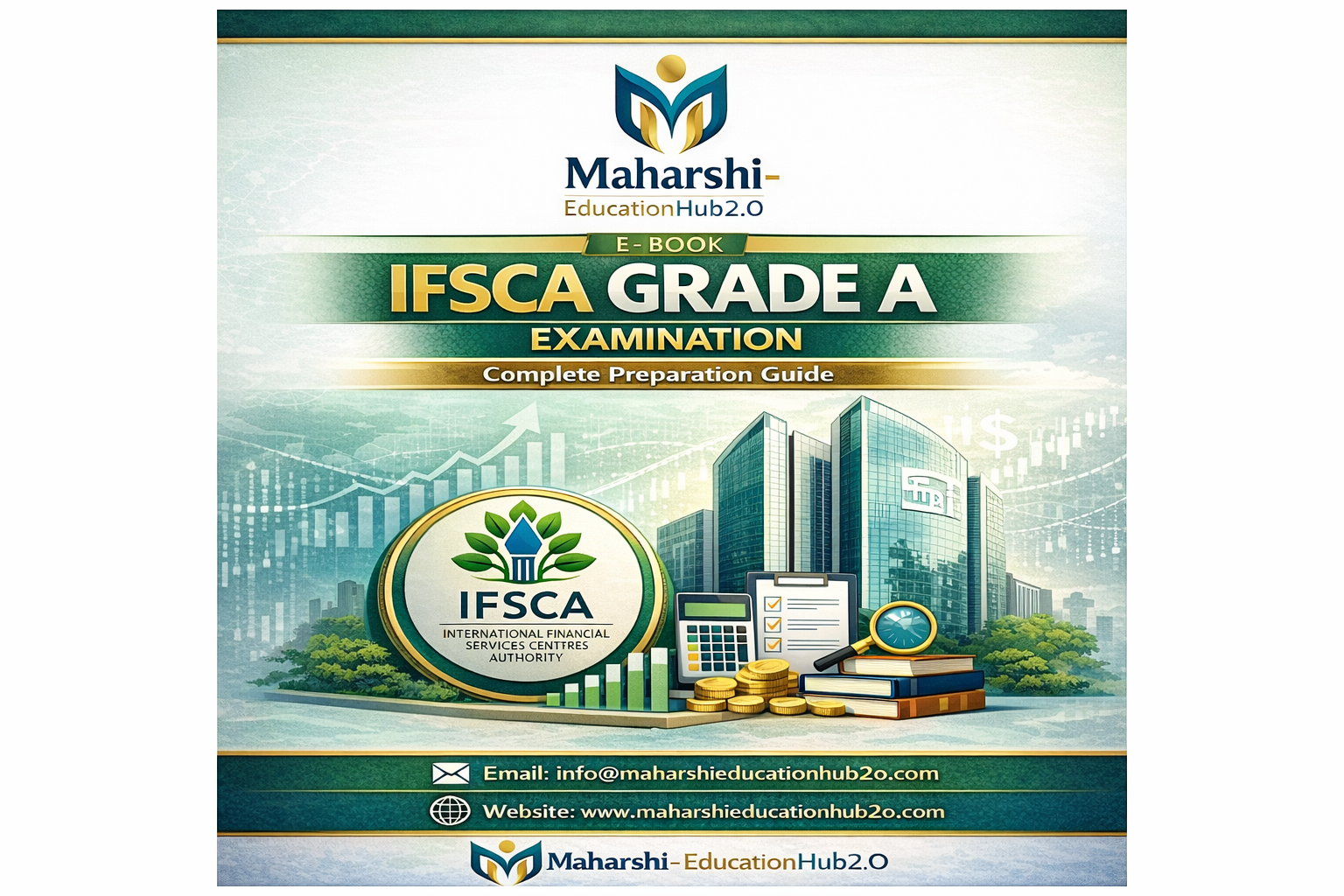 Cover of a study guide titled 'IFC Grade A Examination', published by Maharshi Education Hub2.0, featuring financial graphics, a building, and the ISCA logo.