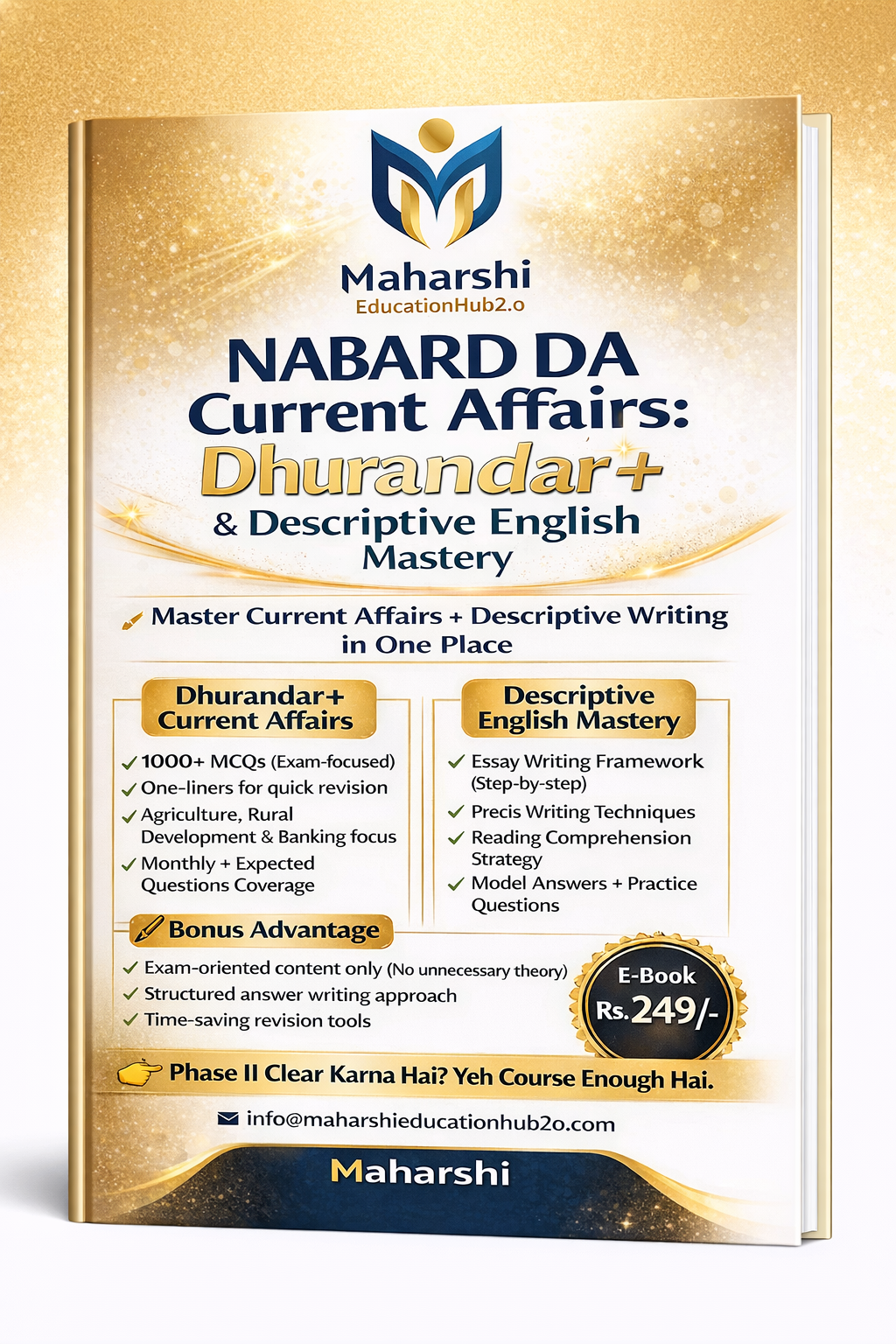 Book cover for 'NABARD DA Current Affairs: Dhrundar+ & Descriptive English Mastery' by Maharshi, with gold and white background, logo at the top, and detailed features of the book on the front.