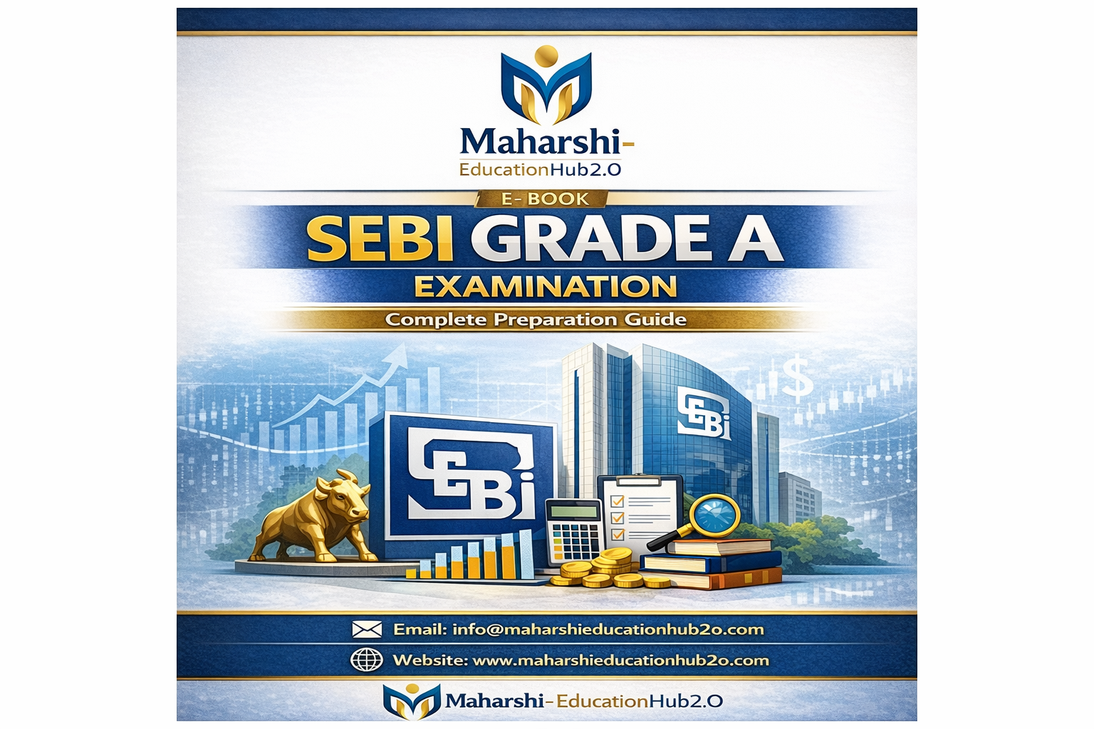 Cover of an educational e-book titled 'SEBI Grade A Examination Complete Preparation Guide' by Maharshi Education Hub 2.0. The cover features a logo at the top, a cityscape with modern buildings, a golden bull statue, financial charts, a calculator, a magnifying glass, stacks of coins, and books. Contact email and website information are also displayed at the bottom.