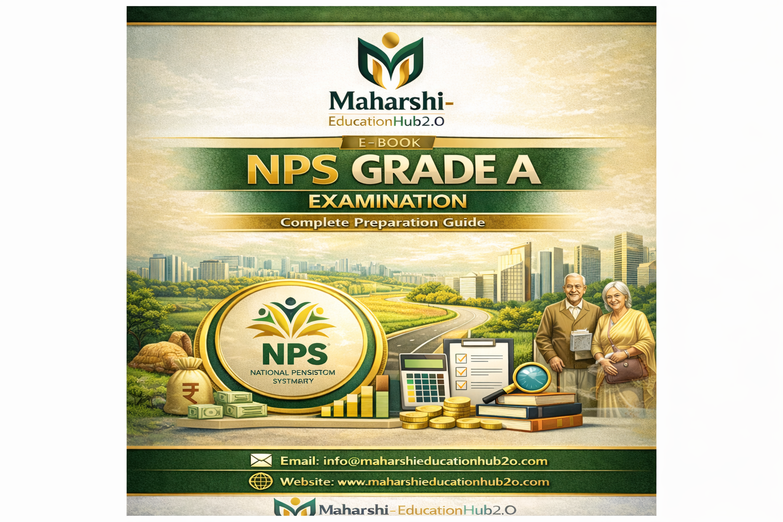 Cover of a guidebook titled 'NPS Grade A Examination' with a city skyline, greenery, and two elderly people smiling, surrounded by books, coins, a calculator, and a magnifying glass.
