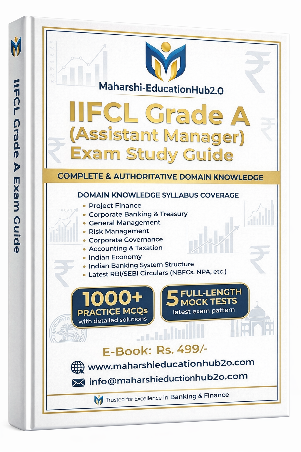 Book titled 'IFCL Grade A (Assistant Manager) Exam Study Guide' by Maharshi-EducationHub2.0, covering domain knowledge for finance and banking exams with practice questions, mock tests, and details about the publisher and price.