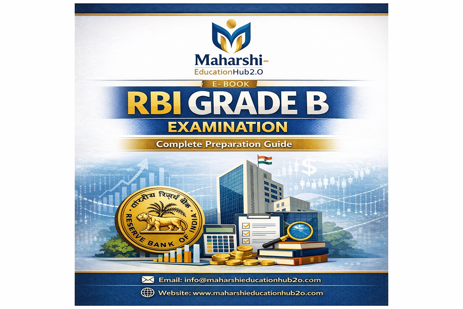 Cover of a study guide titled 'RBI Grade B Examination Complete Preparation Guide' by Maharshi Education Hub. The cover features images of a bank building with the Indian flag, Indian Reserve Bank seal, stacks of coins, a calculator, documents, and financial charts.