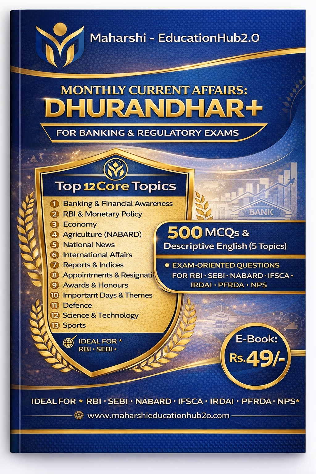 Cover of a publication titled 'Monthly Current Affairs: DHRANDHAR+' by Maharshi - EducationHub2.0, focusing on banking and regulatory exams. Highlights include 12 core topics such as banking awareness, economy, agriculture, and technology, with 500 multiple choice questions and descriptive English. The cover features a blue and gold color scheme, icons, and images related to banking.