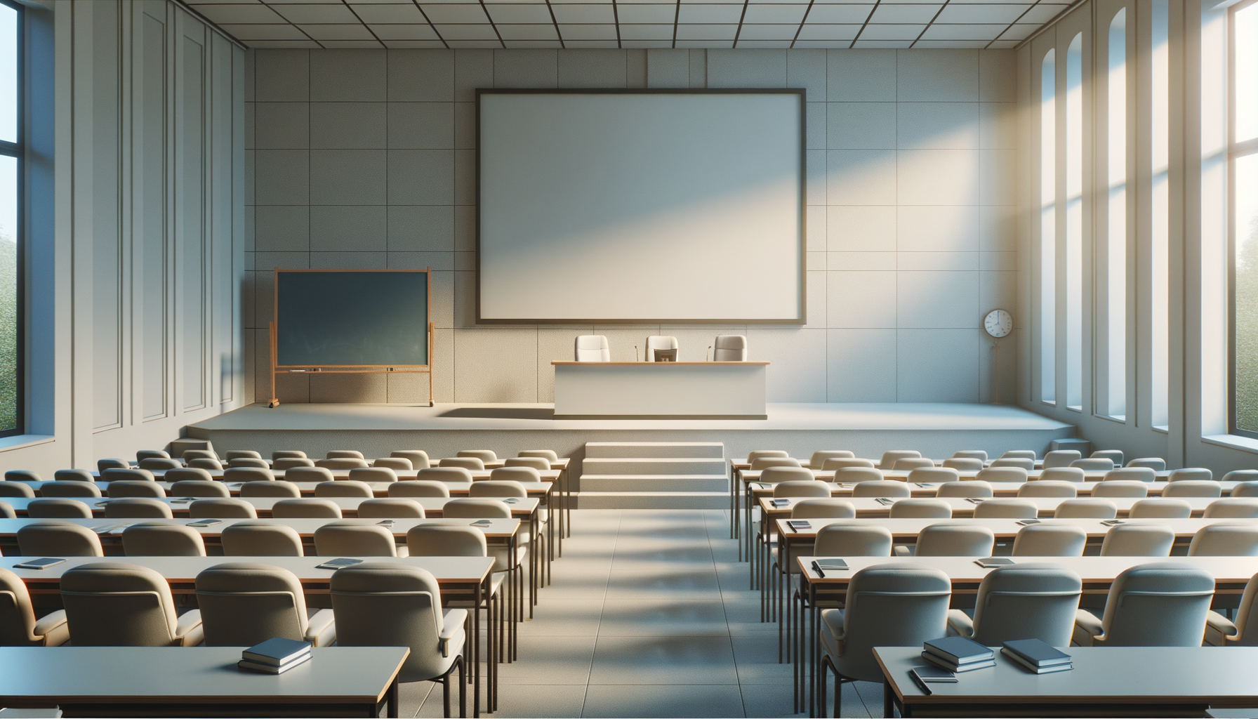A large conference room with rows of white chairs and desks, a stage with a podium, a large blank screen, a blackboard, a clock on the wall, and large windows letting in natural light.