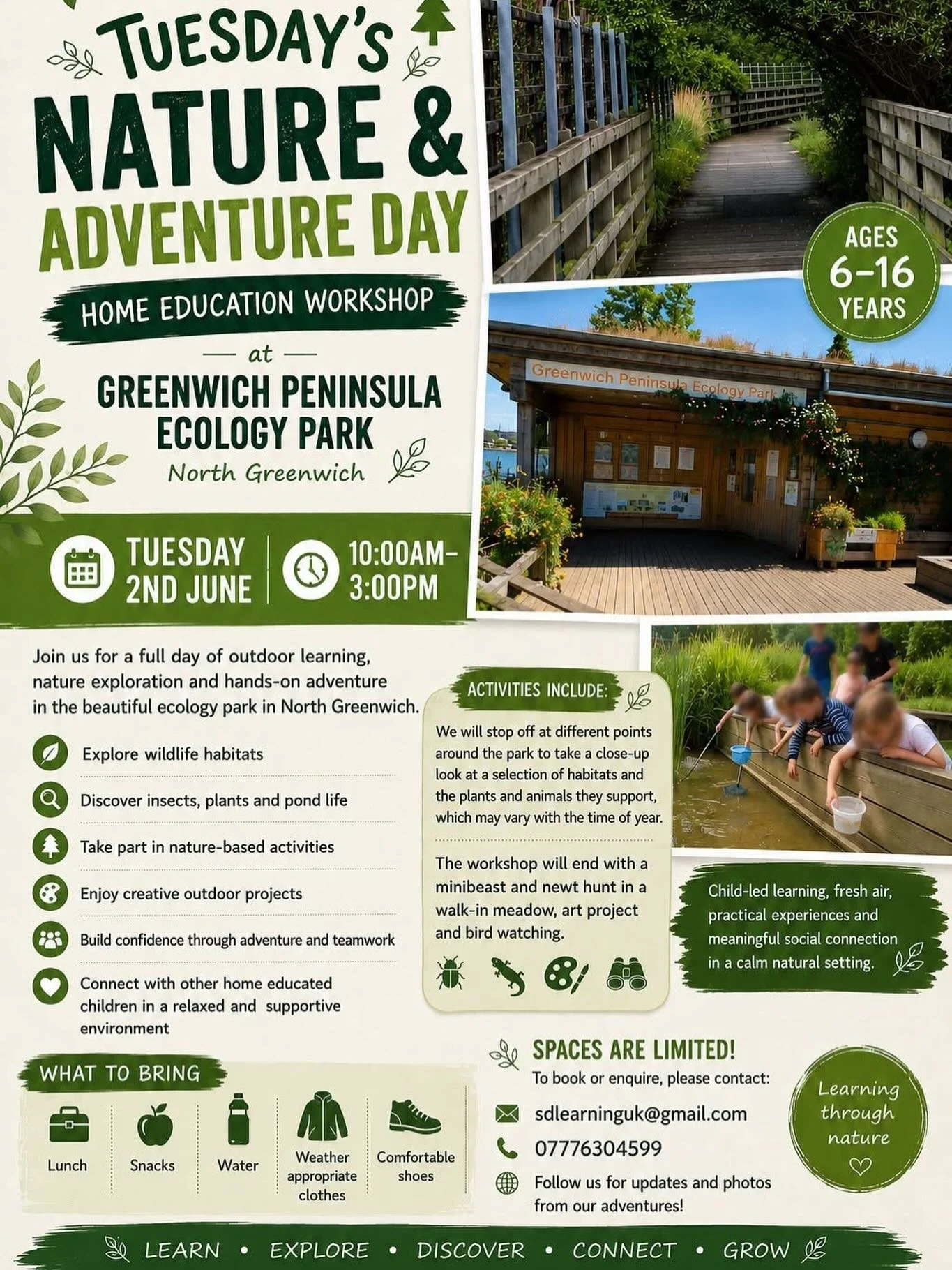 🌿 Tuesday&rsquo;s Nature &amp; Adventure Day &ndash; Special Ecology Park Workshop 🌿

On Tuesday 2nd June, we will be taking our Nature &amp; Adventure group to the Greenwich Peninsula Ecology Park for a full-day workshop led by the park&rsquo;s Se