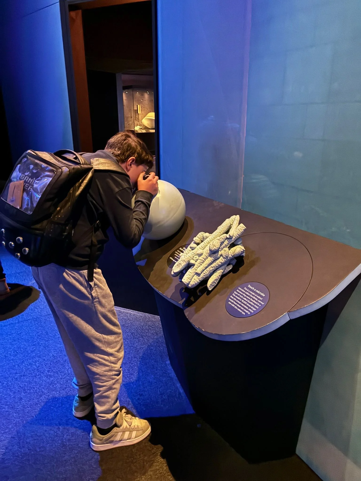 A child with a backpack looking closely at a display of gloves and a large spherical object at a museum or science center.