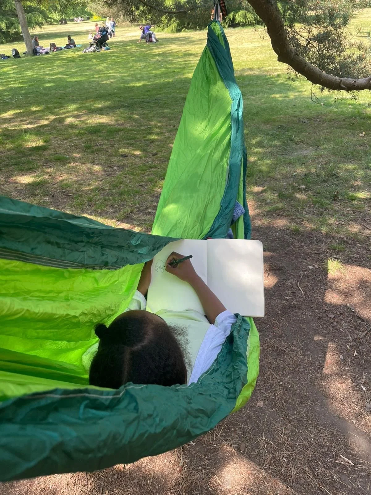 Person resting inside a green and blue hammock, drawing in a sketchbook outdoors in a park with trees and other people in the background.