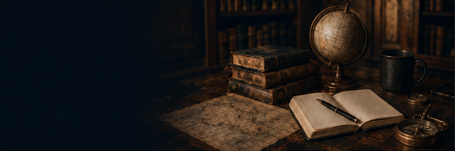 A vintage study desk with old books, a globe, a map, an open book, a pen, a mug, and a compass, all in a dimly lit room with wooden bookshelves in the background.