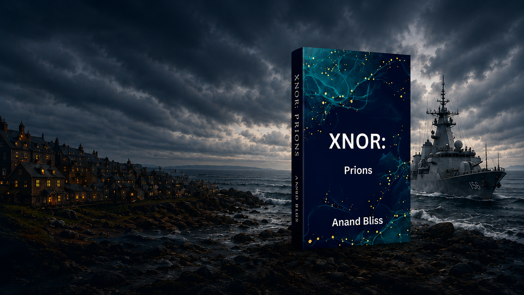 a book titled 'XNOR: Prions' by Anand Bliss stands on a rocky beach with a navy ship and a row of houses illuminated by lights in the background under a stormy sky