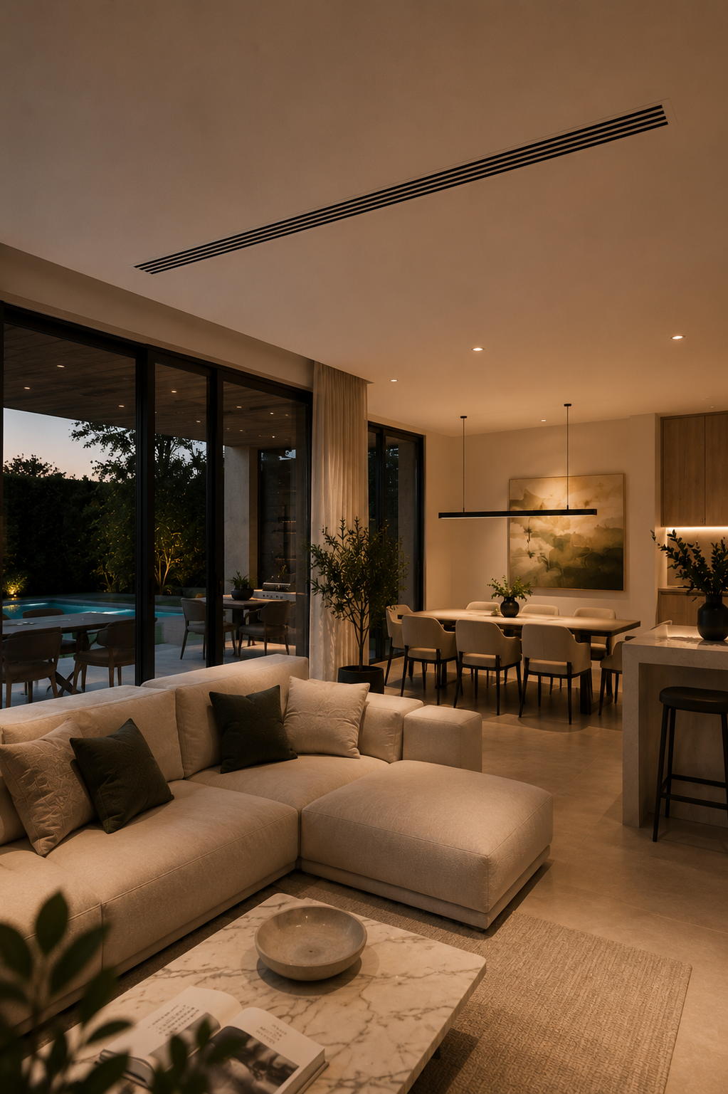 Living room and dining area with large glass sliding doors showing outdoor patio and pool; modern decor with neutral-toned sofas, a marble coffee table, and pendant lighting; dim evening lighting.