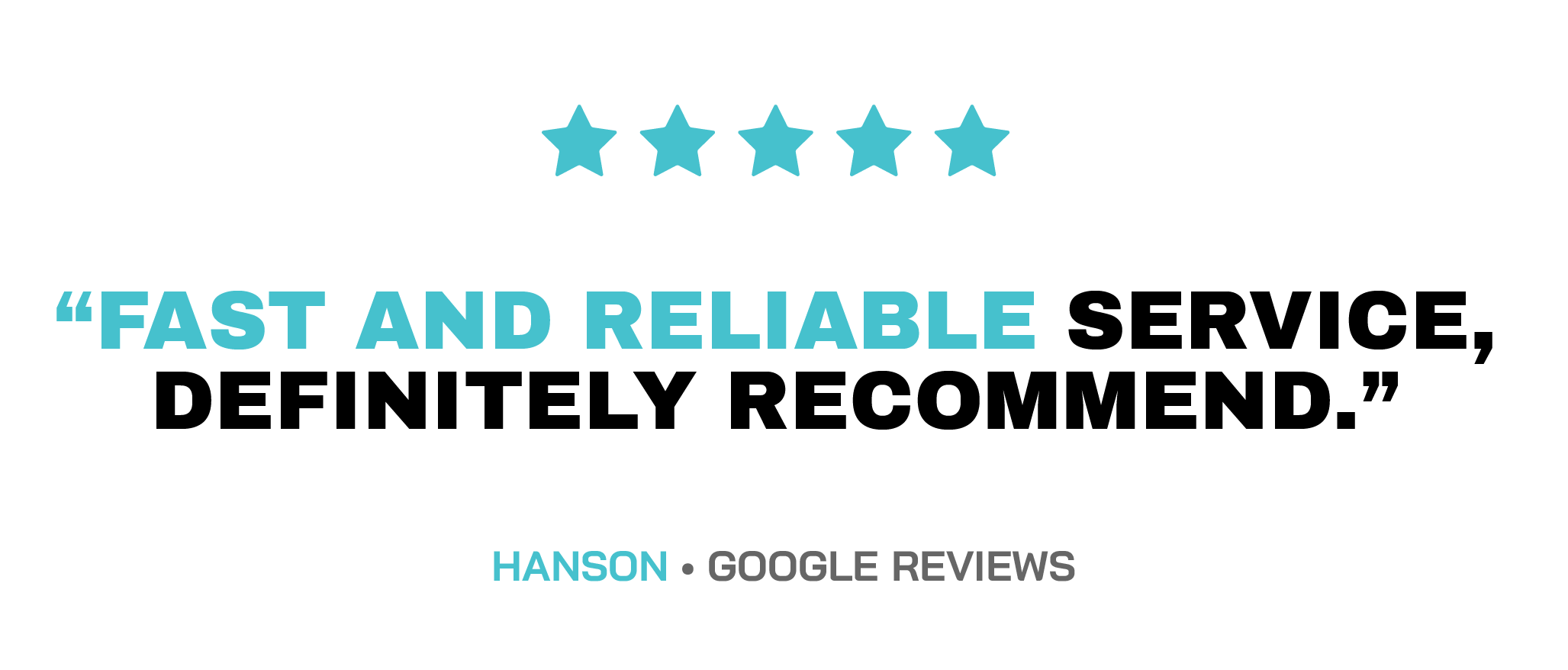 Star rating graphic with five stars, text reading 'Fast and Reliable', and smaller text 'Hanson Google Reviews'.