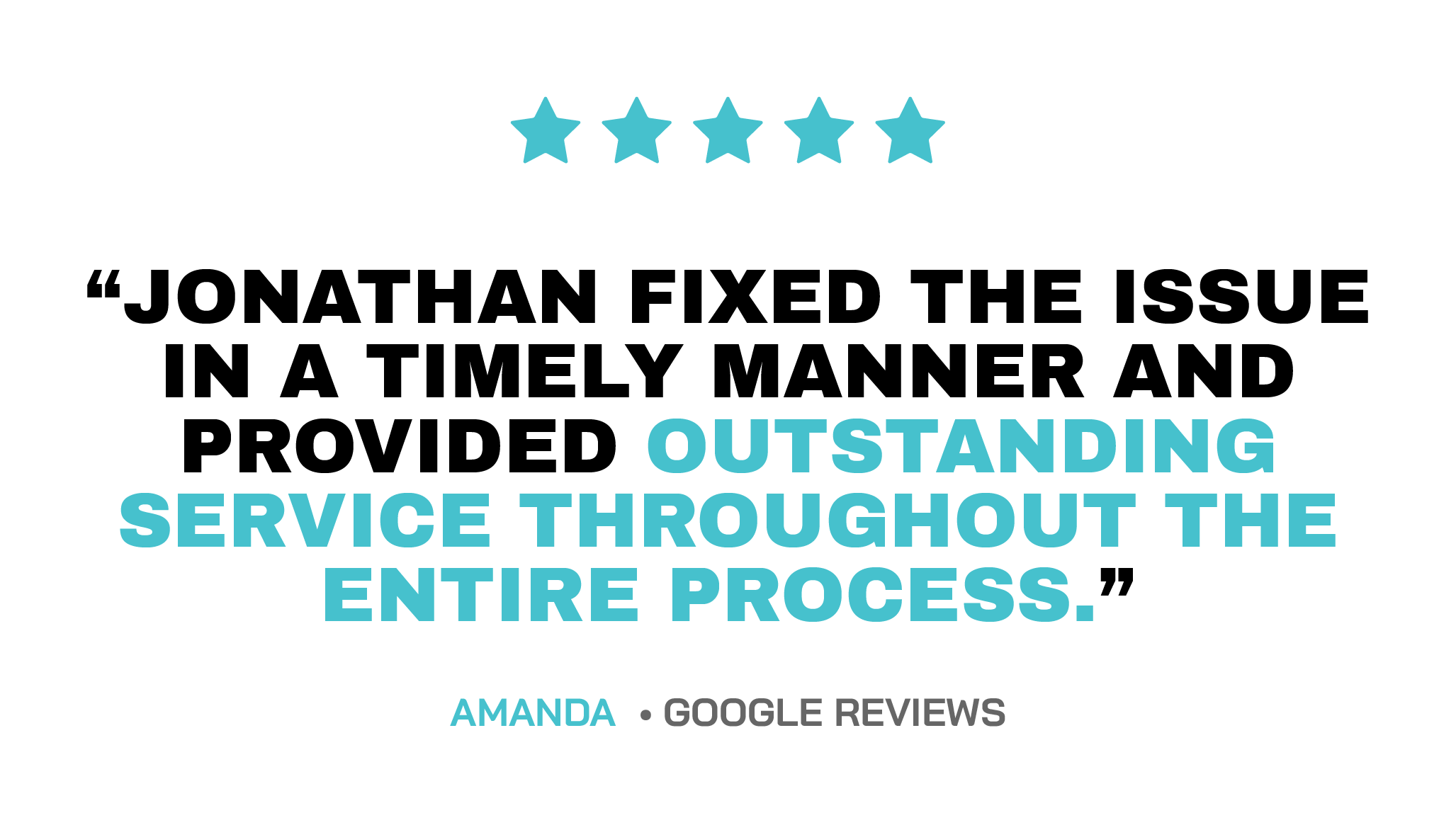 Five blue stars rating with text showing 5-star review. Text reads: 'Outstanding service throughout the entire process. Amanda, Google reviews.'