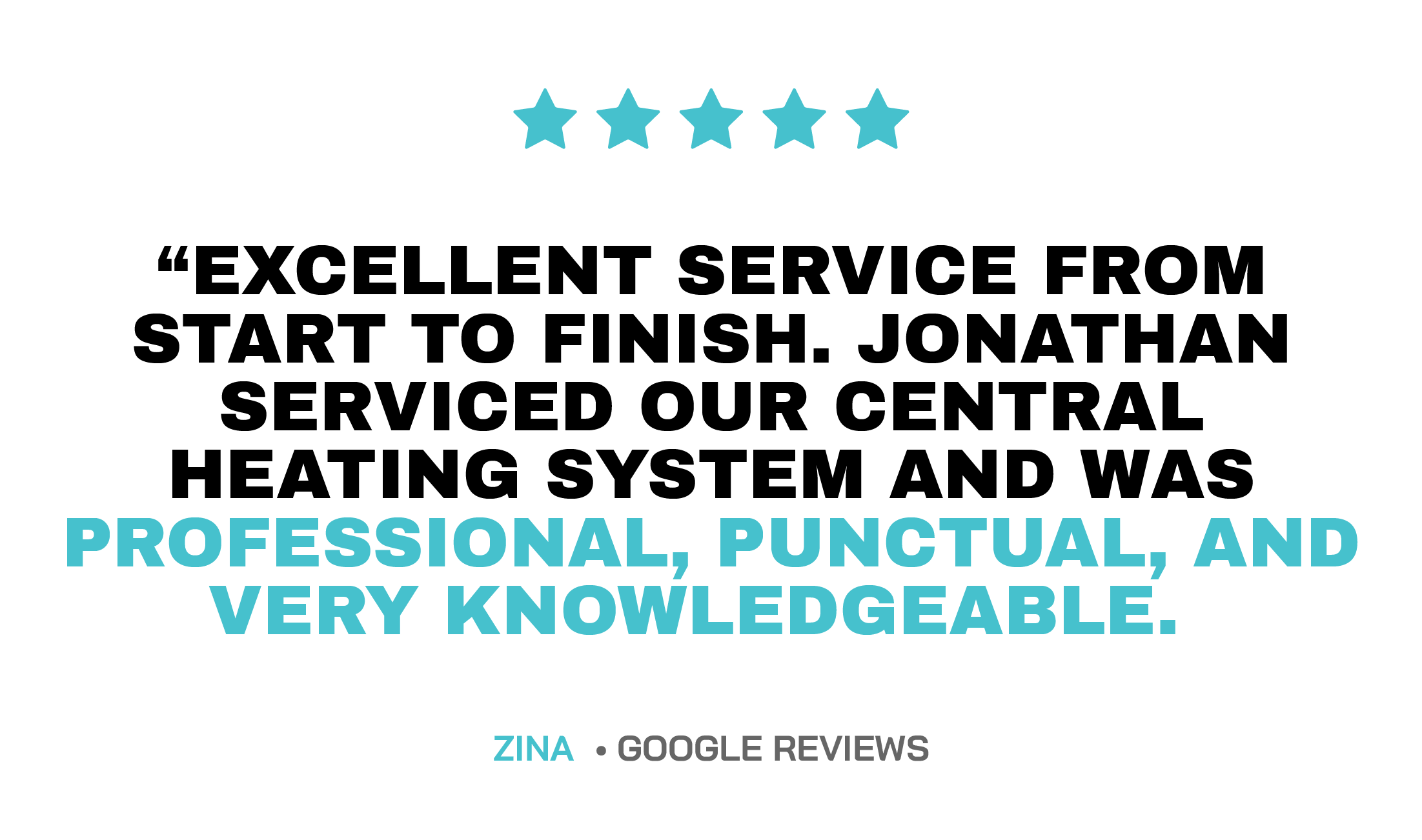 Five blue stars indicating a five-star rating. Below, text reads 'PROFESSIONAL, PUNCTUAL, AND VERY KNOWLEDGEABLE.' At the bottom, the name 'ZINA' in blue and the words 'GOOGLE REVIEWS' in gray.