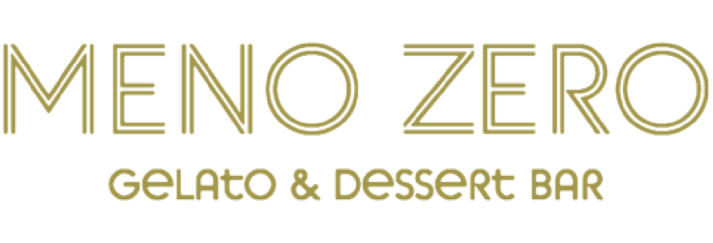 Logo for Meno Zero Gelato & Dessert Bar with stylized text in gold color on a black background.