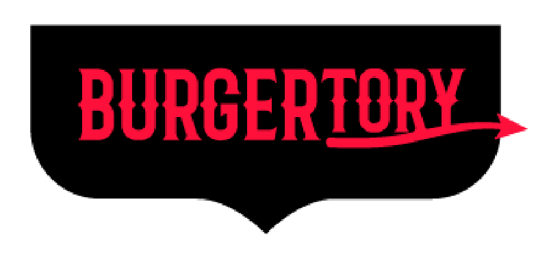 Logo with the word 'BURGER TORY' in pink text, with an arrow extending from the letter 'Y'.