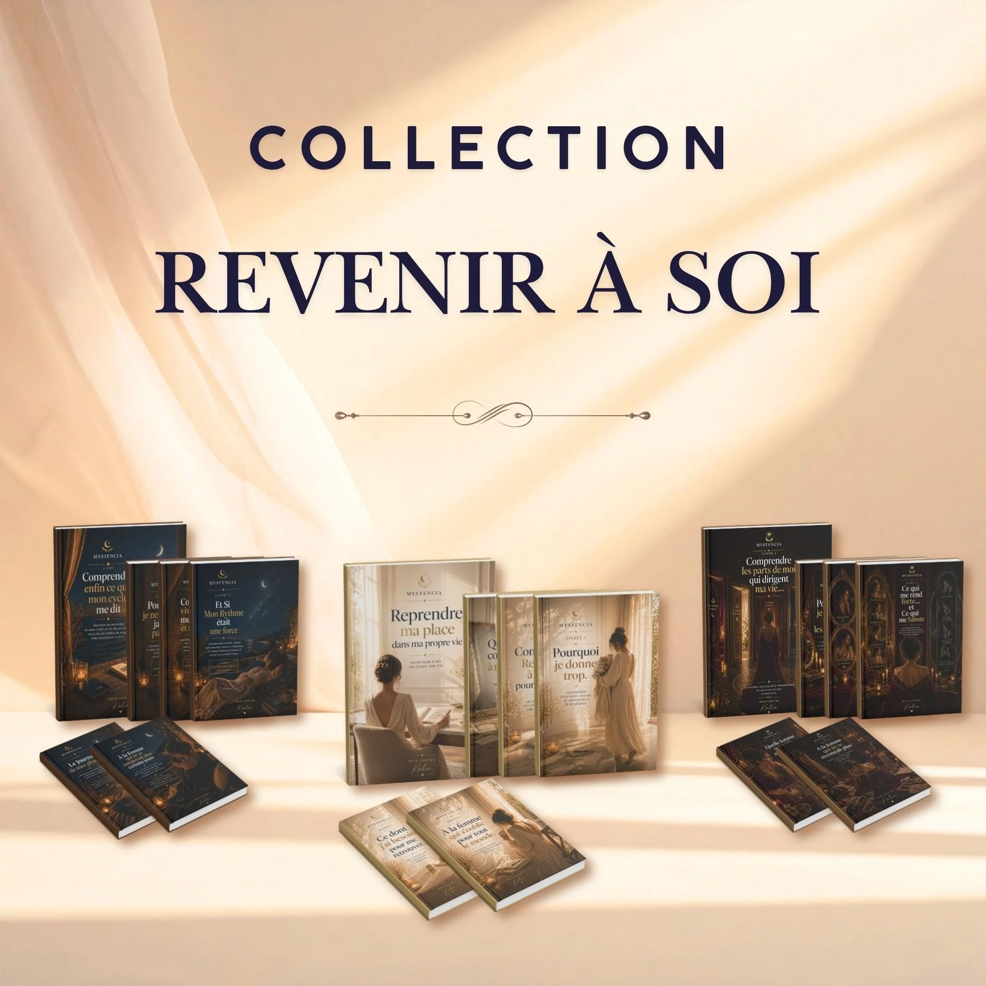 Présentoir avec plusieurs livres en français sur le thème de la reprise en main de sa vie, avec la phrase 'Collection revenir à soi' en haut.