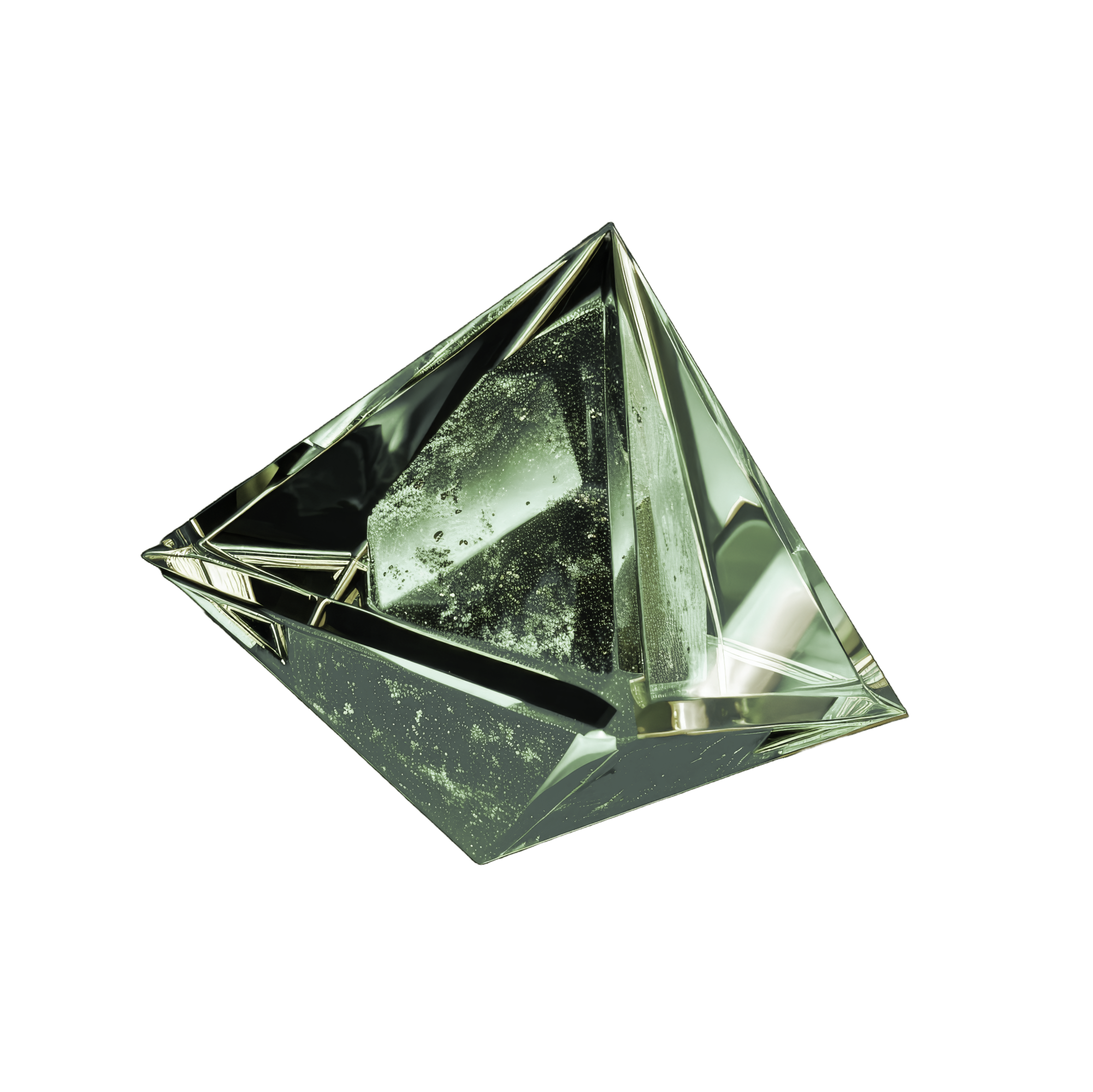 A transparent, greenish glass pyramid with reflective surfaces and water droplets on it, isolated on a black background.