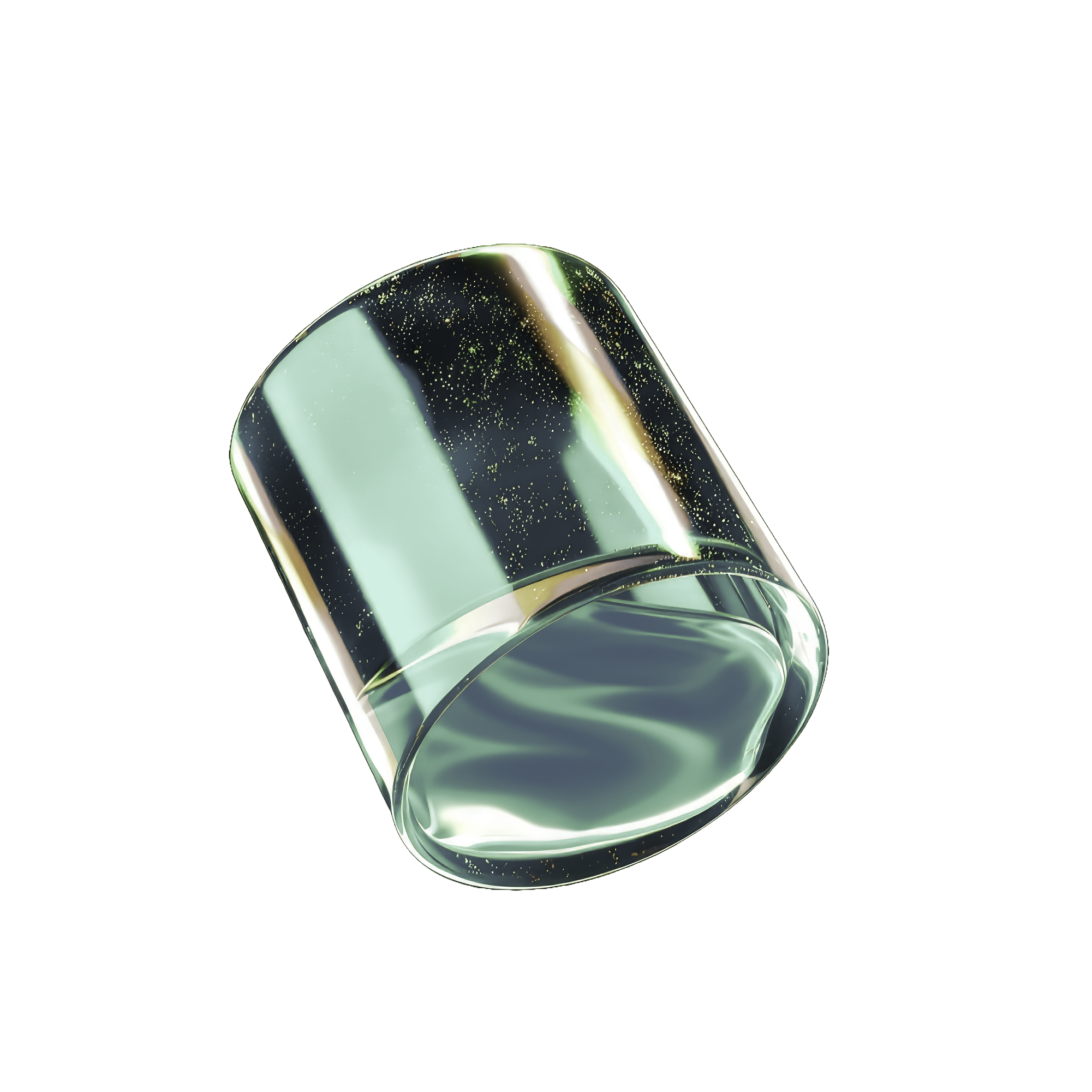 Close-up of a clear glass with a black liquid inside, with bubbles on the surface and a slight greenish tint, isolated against a black background.