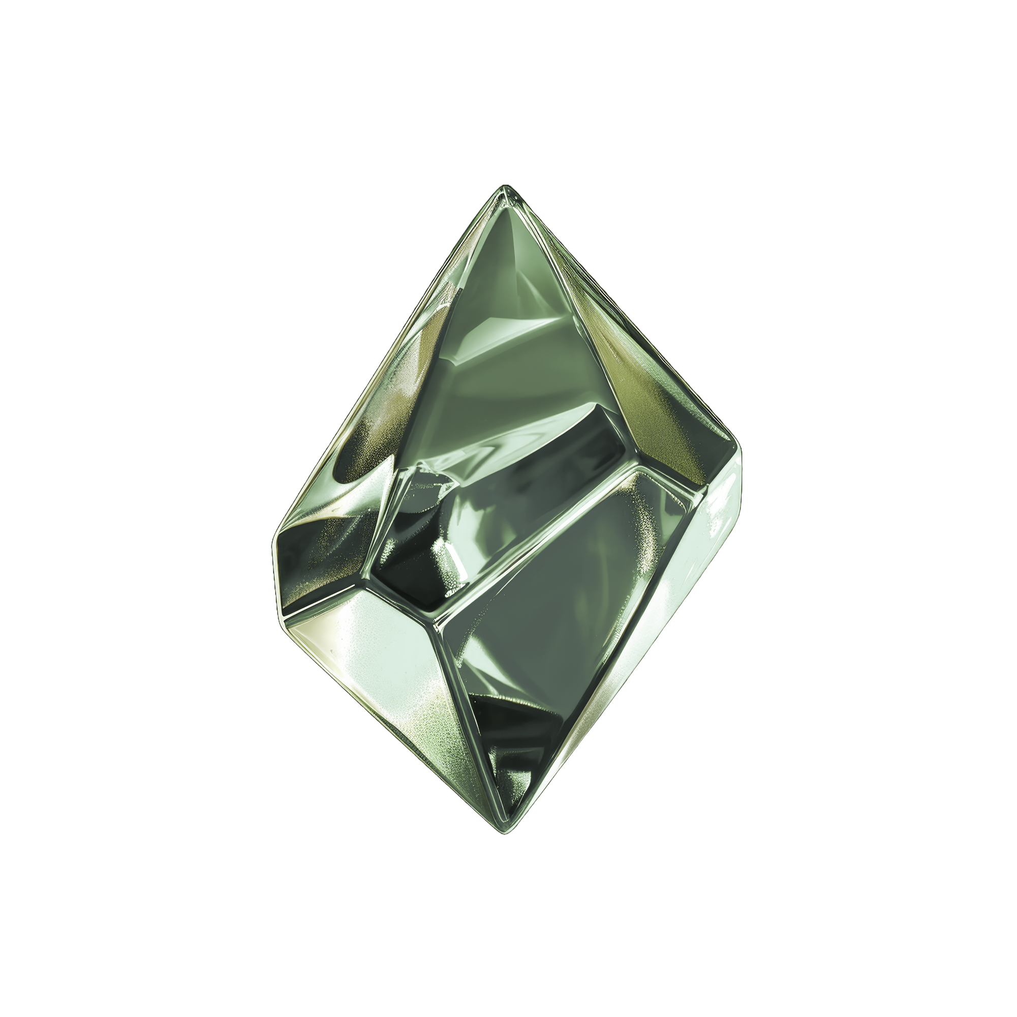 A transparent, metallic diamond-shaped object with reflective surfaces resting on a black background.