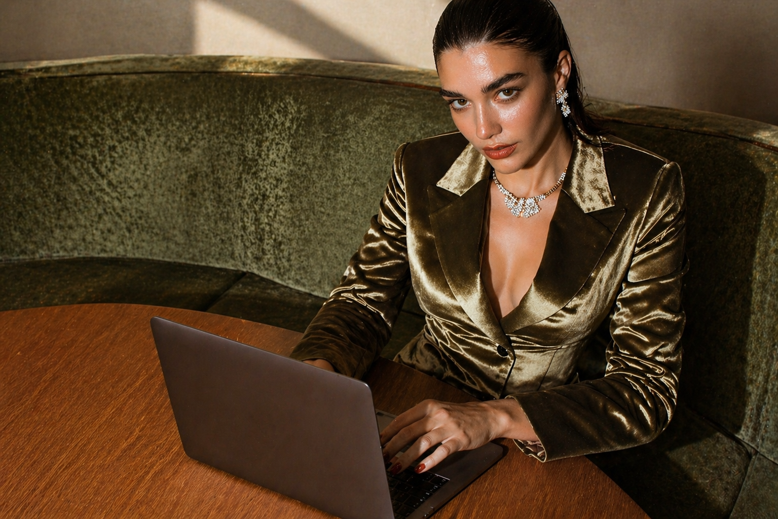 A woman in a shiny gold blazer sits at a wooden table using a laptop, wearing jewelry including earrings, a necklace, and a ring, with a green upholstered booth in the background.