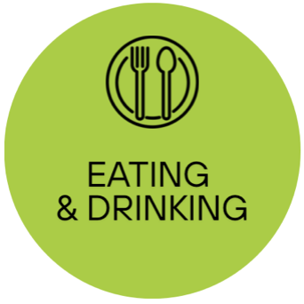 Green circle with black plate, fork, and spoon icon, and the text "Eating & Drinking"
