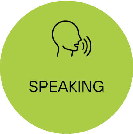 Icon of a head speaking with sound waves, labeled 'SPEAKING' on a green circular background.