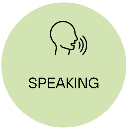 Icon of a head with sound waves coming out, and the word 'Speaking' underneath, on a light green circular background.