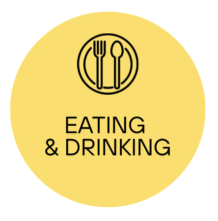 Yellow circle with black fork and spoon icon and the text "Eating & Drinking" underneath