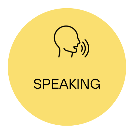 Yellow circle icon with a person speaking, representing speaking or verbal communication.