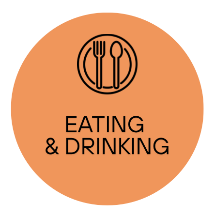 Orange circle with a black outline of a plate, fork, and spoon at the top, and the words "Eating & Drinking" below.