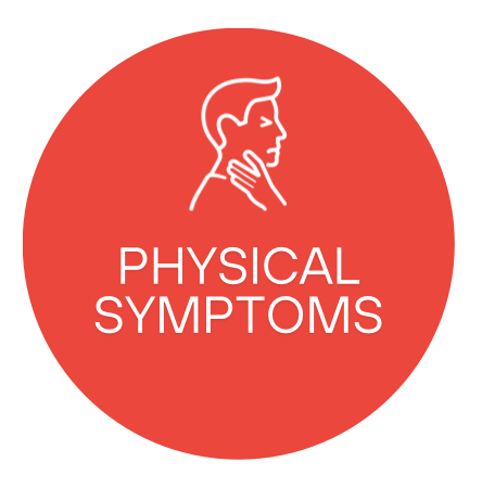 Red circular sign with a white outline of a person touching their neck and the text "Physical Symptoms".