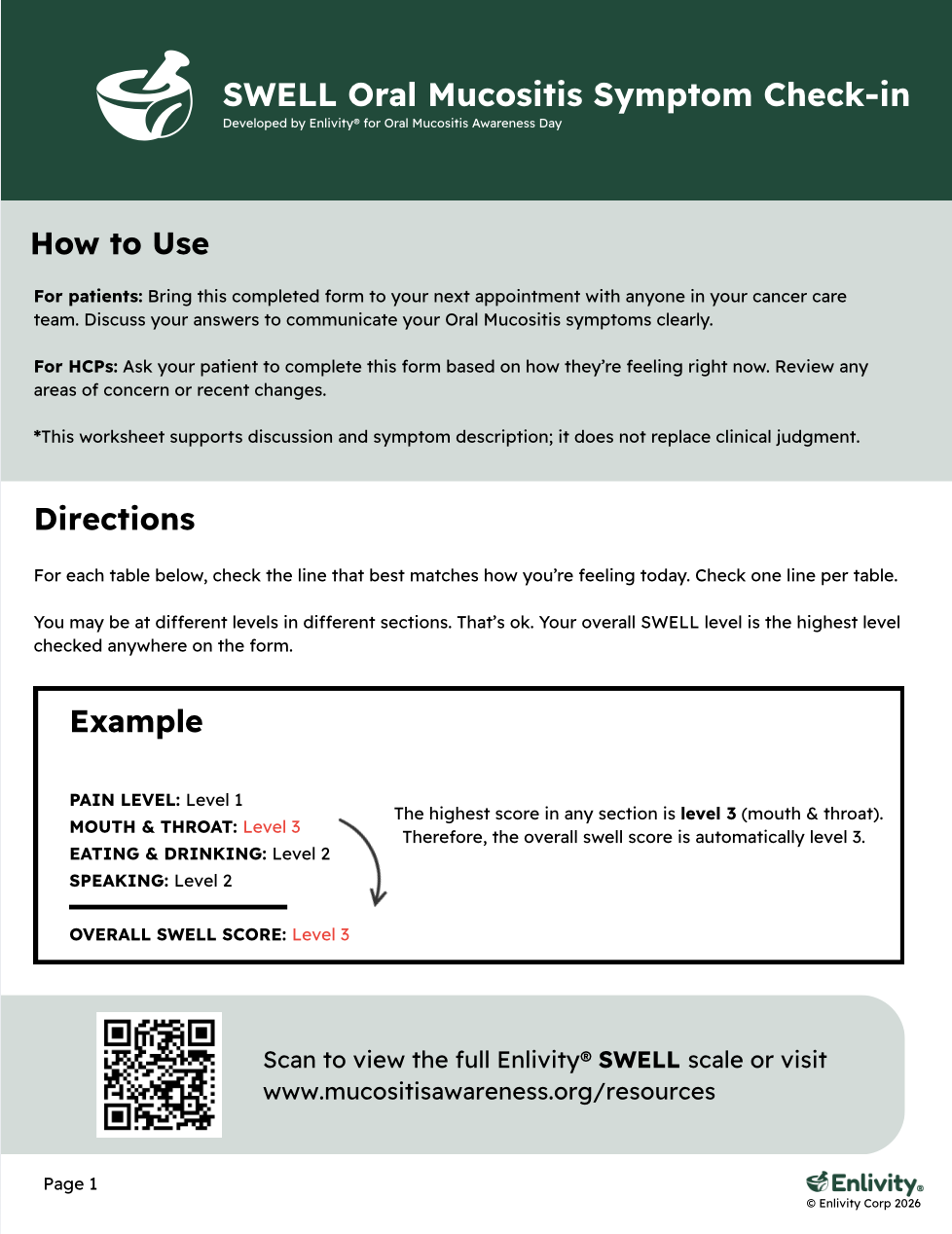 A printable SWELL Oral Mucositis Symptom Check-in form with instructions, an example of scoring levels for different symptoms, a QR code for additional resources, and Enlivity branding.