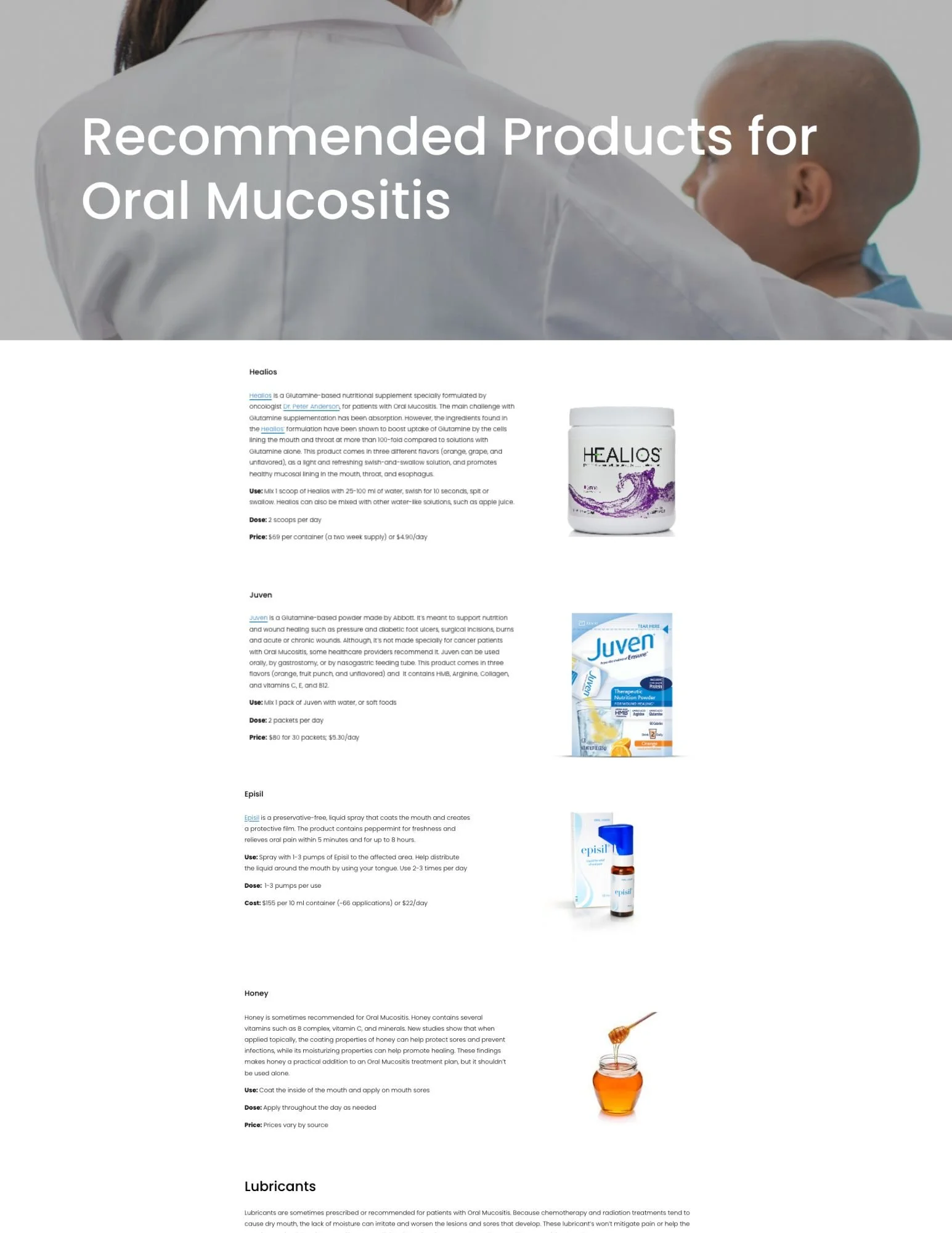 Infographic listing recommended products for oral mucositis, including Healios supplements, Juven nutrition powder, Episil spray, honey, and lubricants.