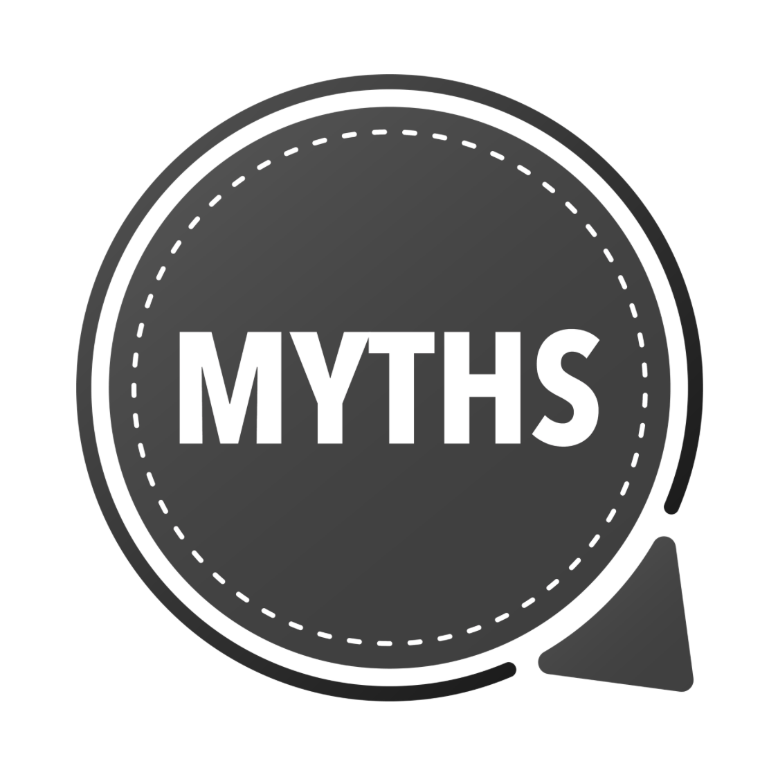 A circular badge with the word 'MYTHS' in bold white letters on a dark background, surrounded by dashed lines, with a small arrow pointing to the bottom right.