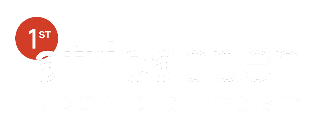 Logo for the 1st Africa Open Backgammon Championship with black background, white text, and a red circle indicating 1st place.