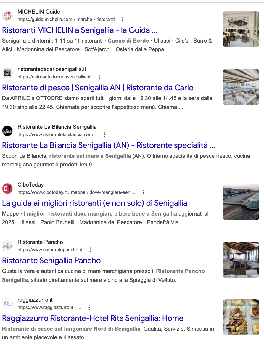 Schermata di risultati di ricerca riguardanti ristoranti a Senigallia, con vari link e immagini di ristoranti e piatti.