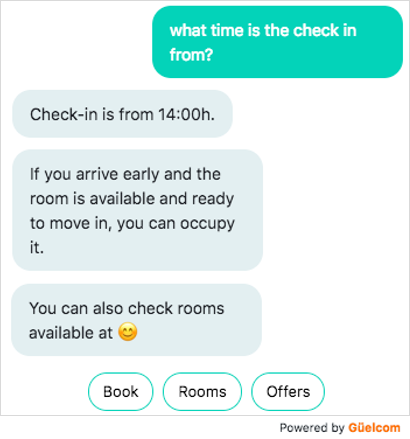 Conversazione in chat su orari di check-in in un hotel e disponibilità di camere, con pulsanti per 'Prenota', 'Camere' e 'Offerte'.