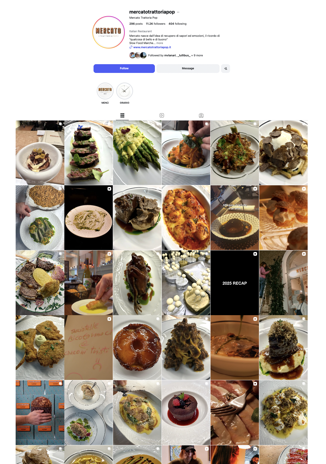 Il profilo Instagram 'mercatotrattoriapop' con immagini di piatti di cucina italiana e dessert.