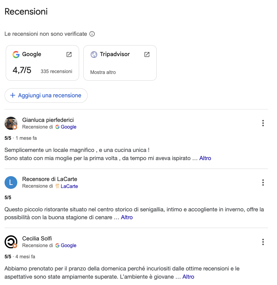 Schermata delle recensioni di Google e TripAdvisor di un ristorante, con recensioni positive di vari clienti.