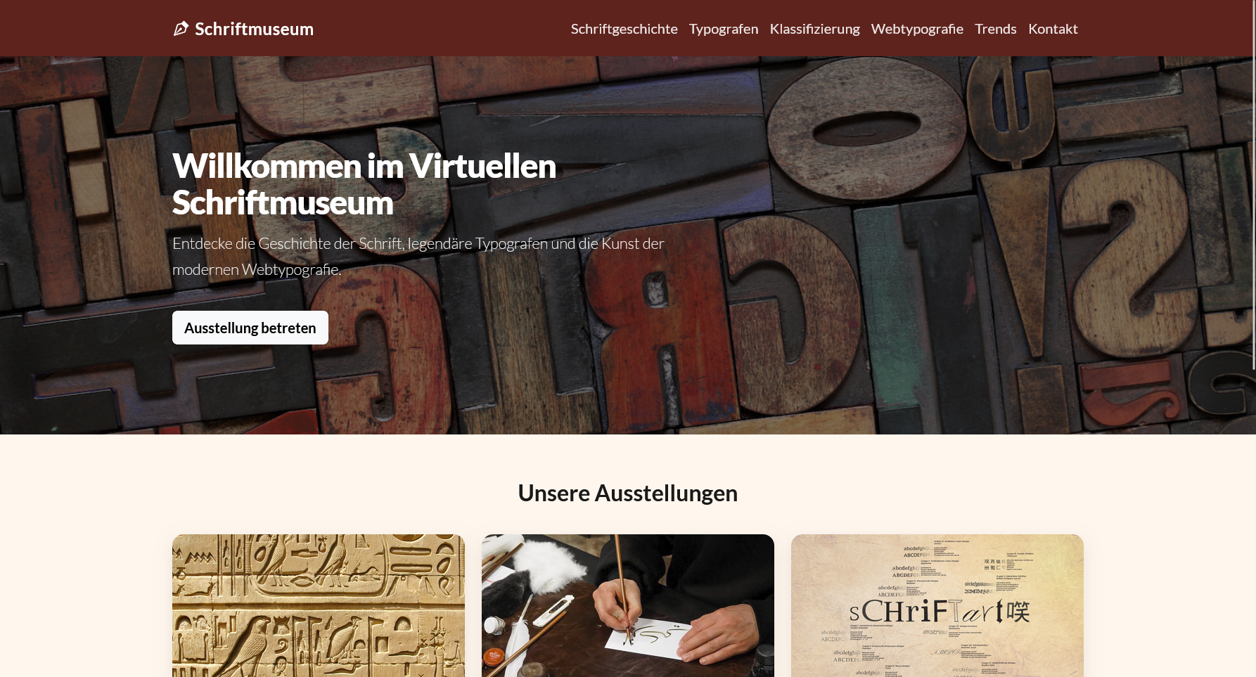 Startseitenansicht Virtuelles Schriftmuseum Desktopansicht