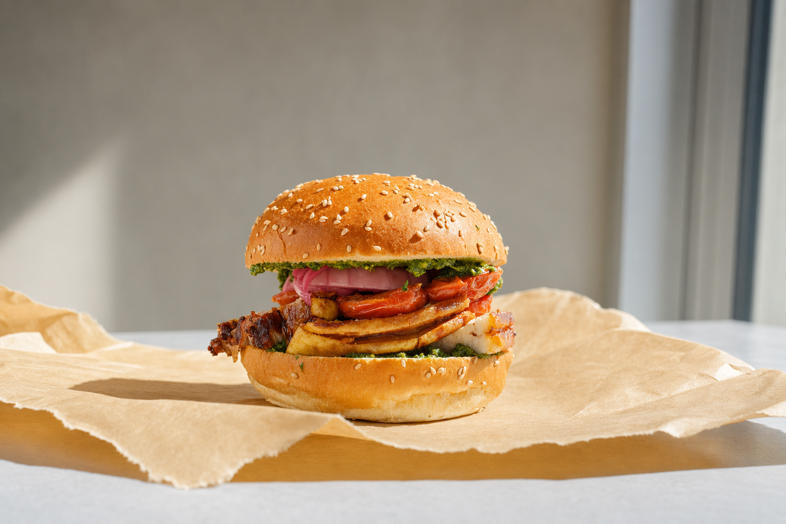 Håndlavet burger med sesambolle, grønt, kød, tomater, løg og mayonnaise på et papir underlag.