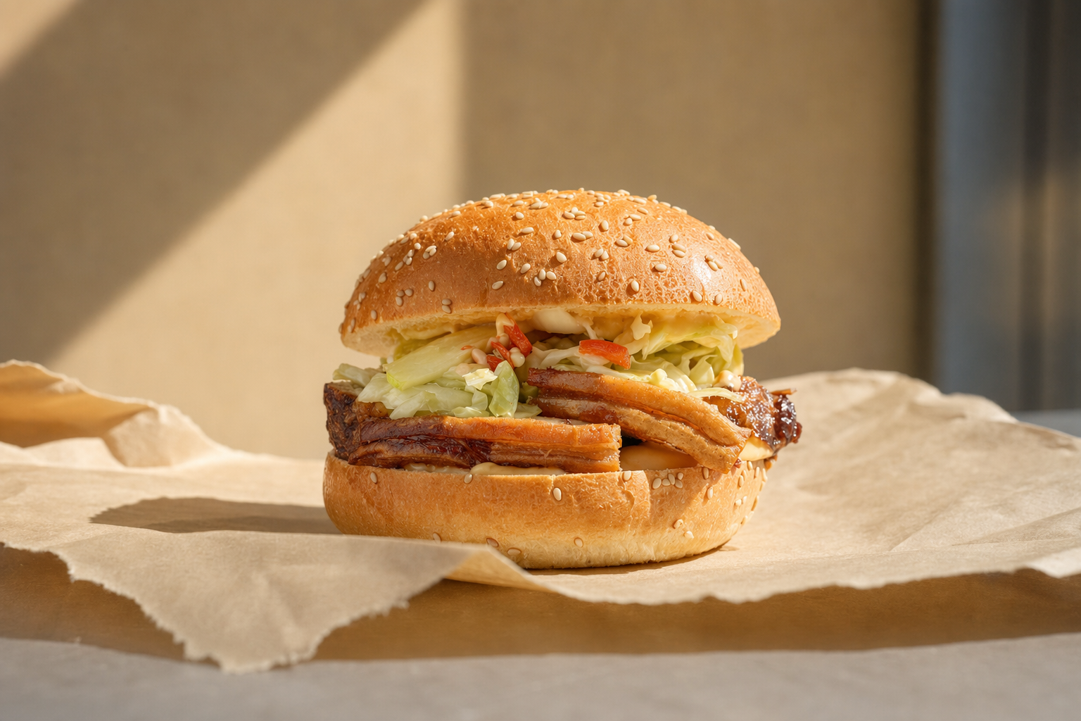 En burger med oksekød, salat, skinke, ost og sesamebrød.
