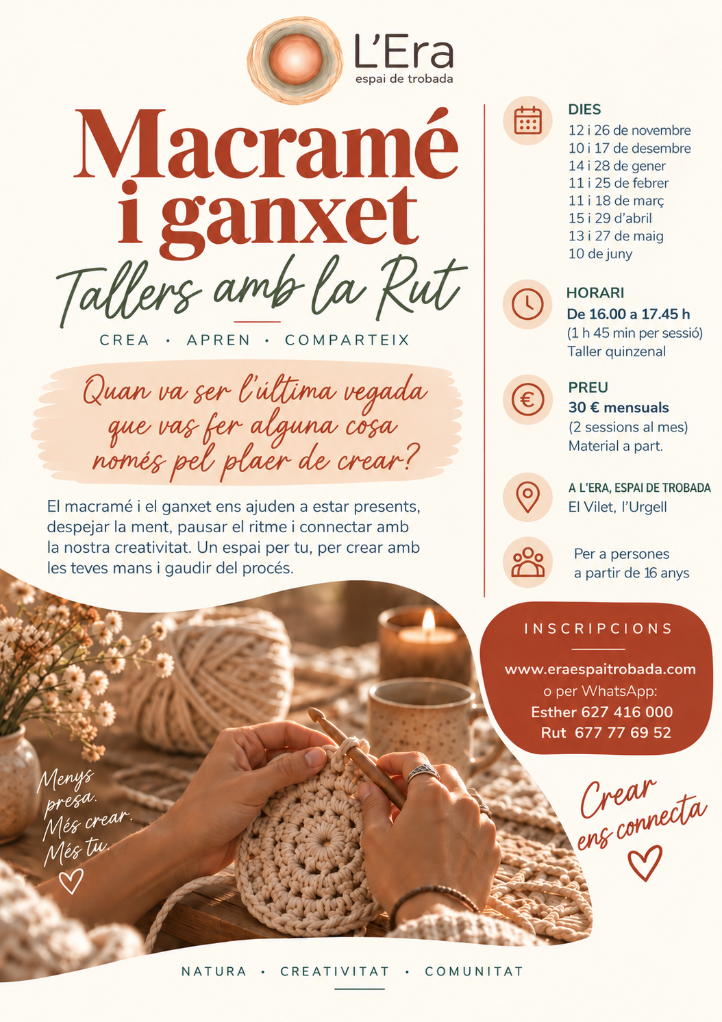 TALLERES DE MACRAMÉ Y GANCHILLO: CREA CON TUS MANOS. A partir de 16 años. Quinzenal.
