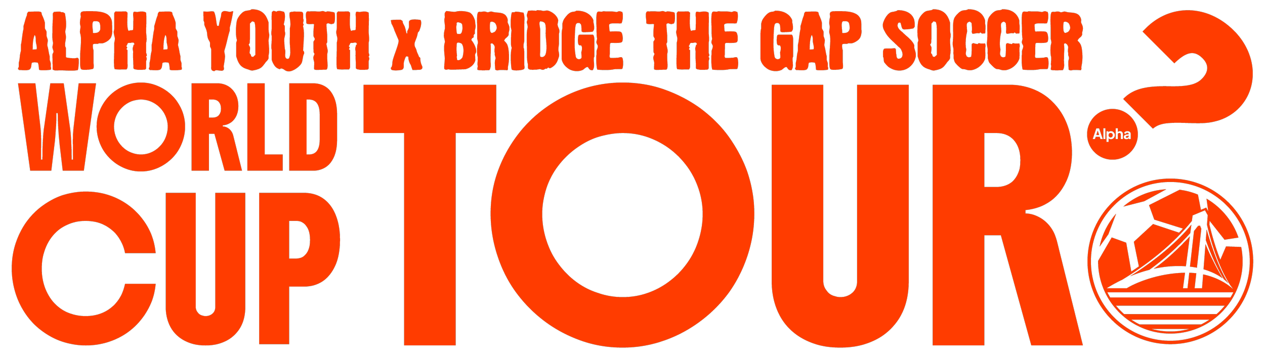 A graphic poster with red and black text promoting the World Cup 2022 in Qatar, featuring phrases like 'Alpha Youth', 'Bridge the Gap', and 'Soccer'. Includes a football icon and a stylized bridge logo.