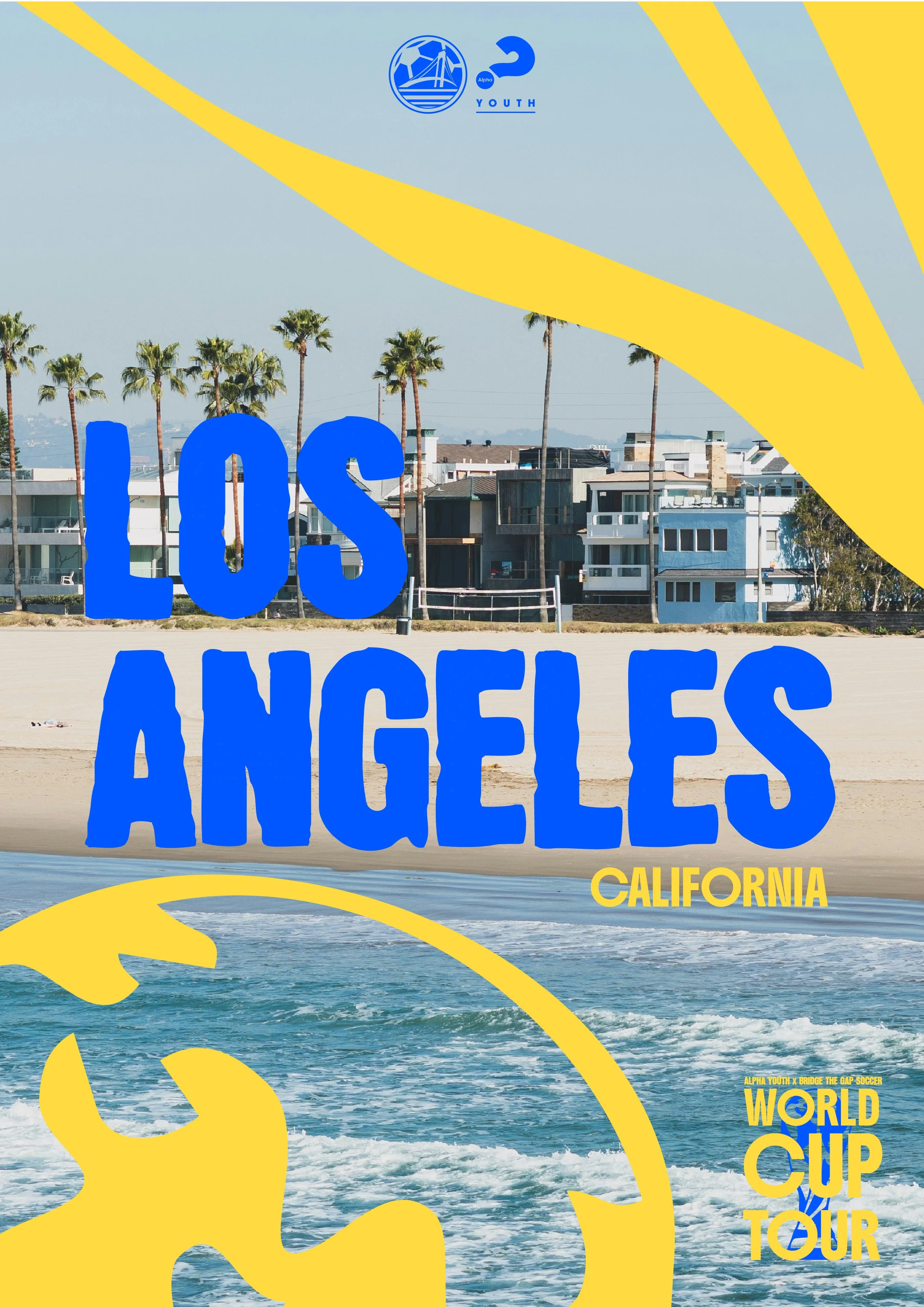 Tourist poster for Los Angeles, California featuring a beach scene with apartment buildings, palm trees, and the ocean, with yellow and blue design elements and text.