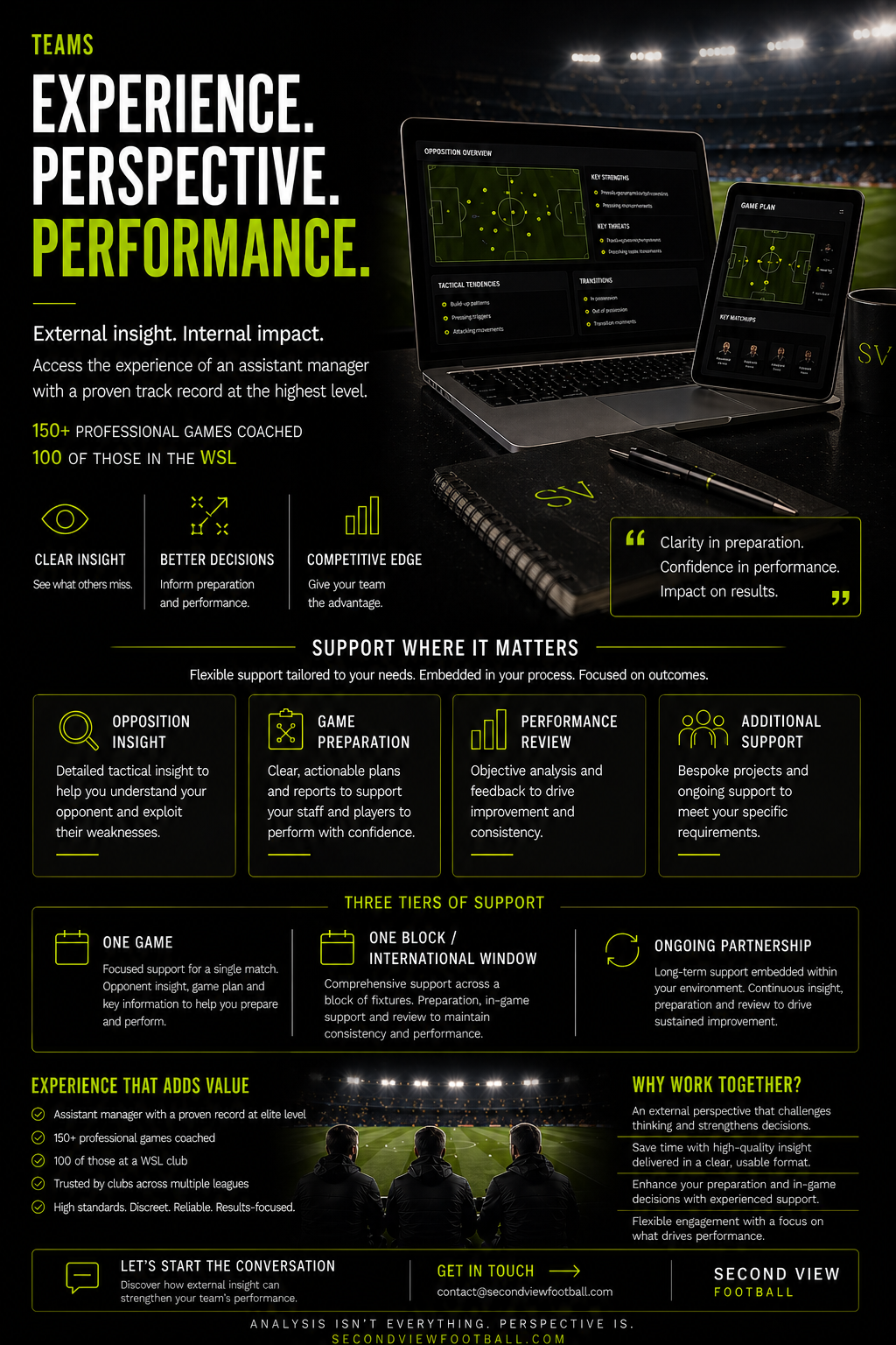External performance support for teams, built on 150+ professional matches coached and experience at elite level. Focused on improving preparation, informing decisions and driving performance.